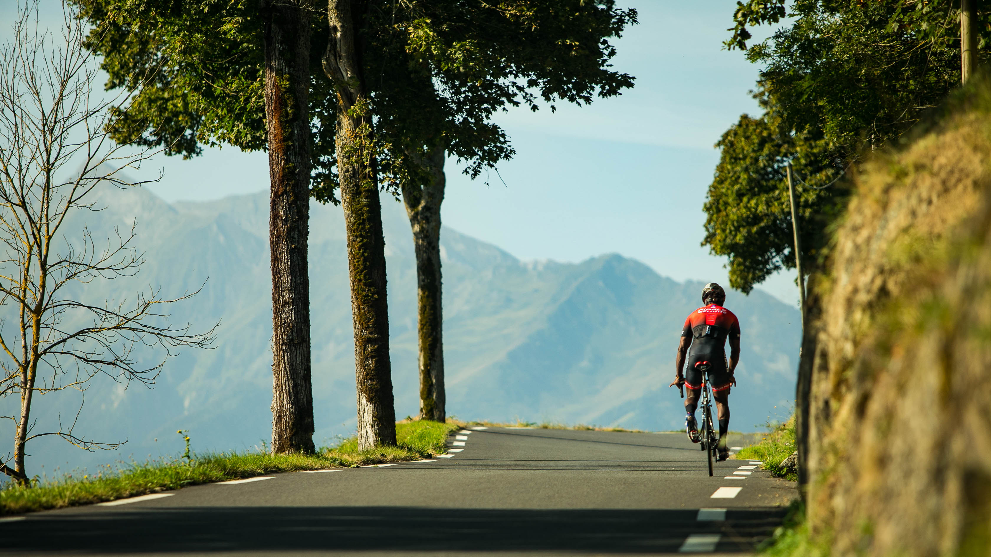 un cycliste de dos en pleine ascension dans les Pyrénées