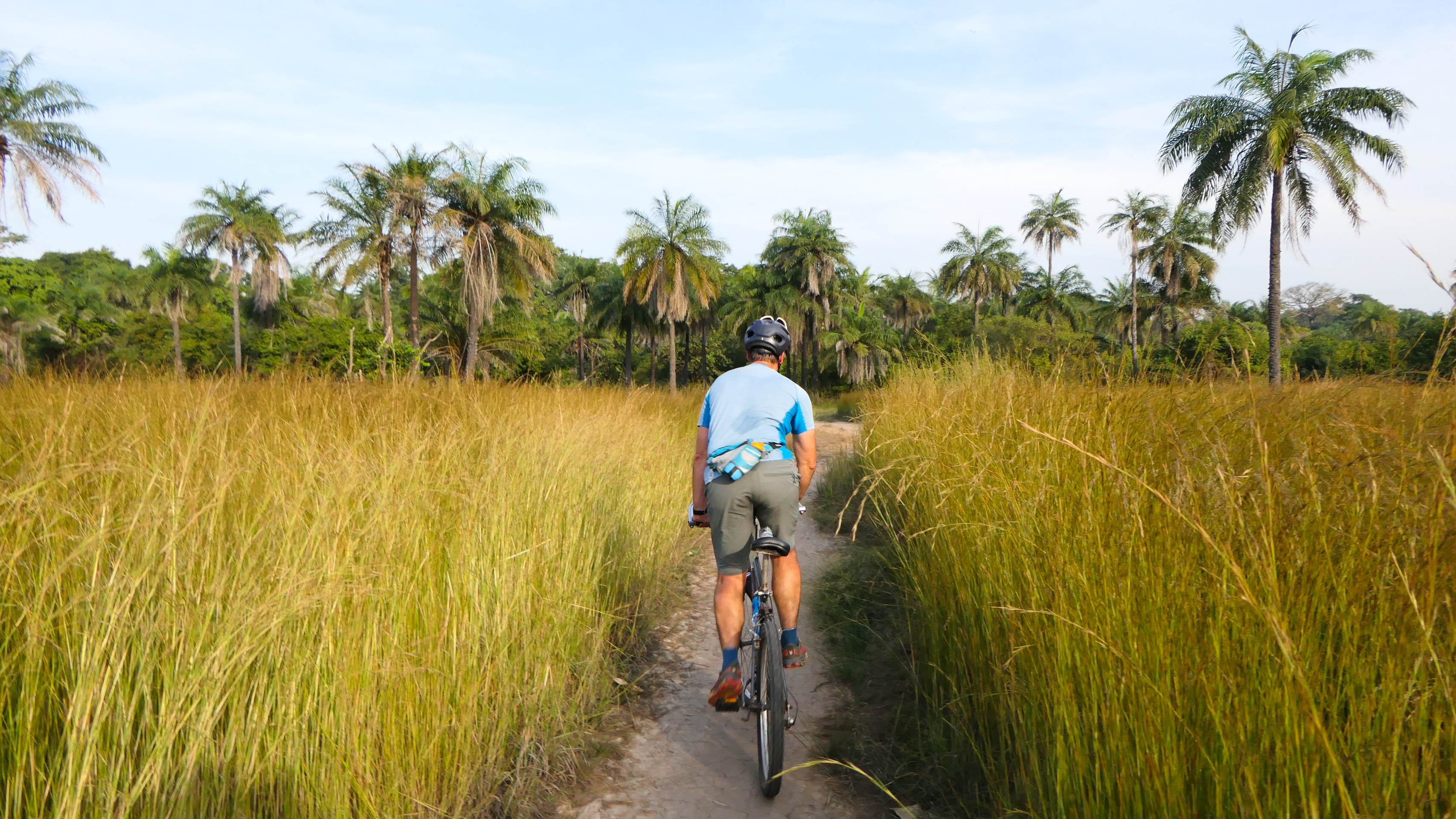 cycliste sur un sentier entouré d'herbes hautes