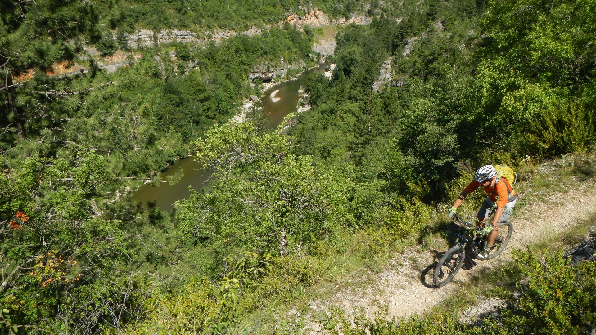 vttiste roule sur un sentier sur les hauteurs des gorges du Tarn